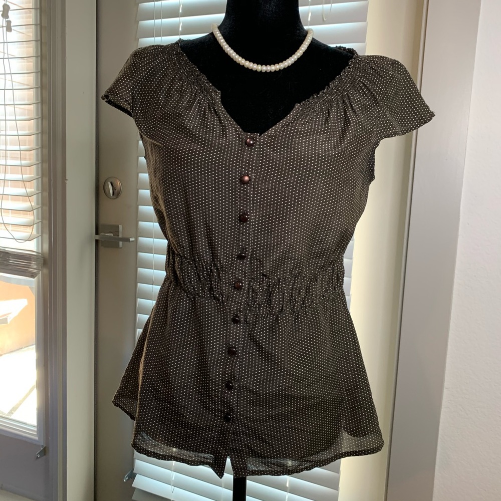 Brown Polka Dot Smocked Blouse